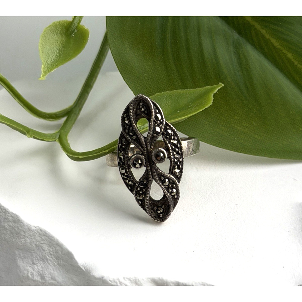 Vintage Filigree 925 Sterling Silver Marcasite Ring Size 6